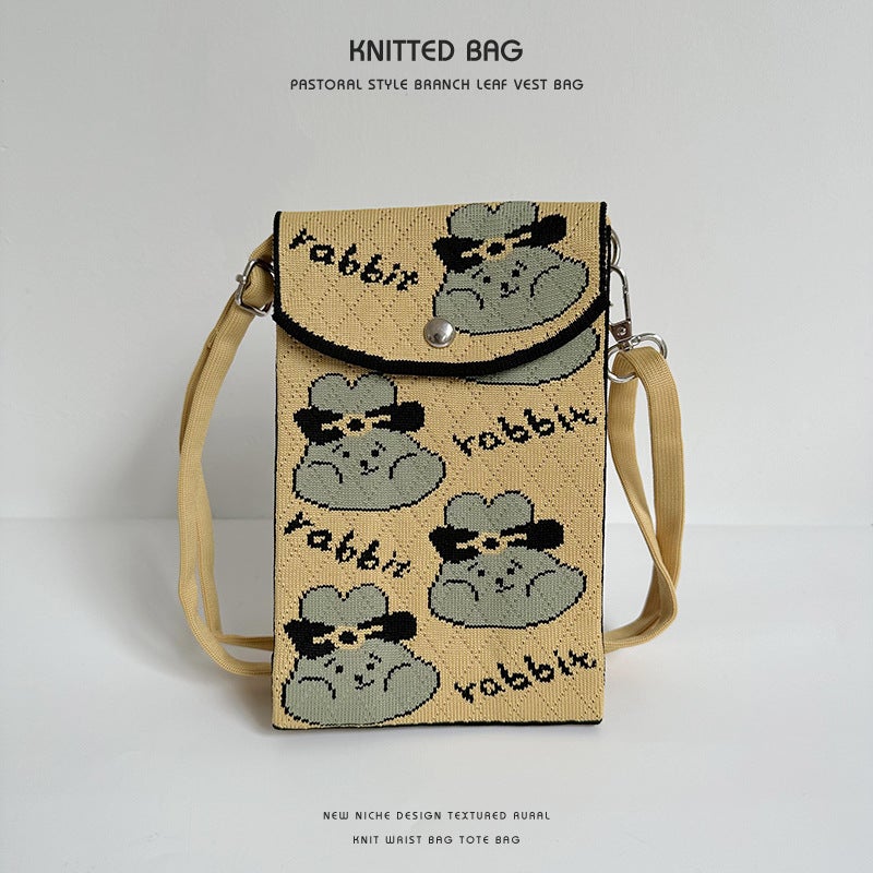 Korean-Style All-Match Niche Design New Adjustable Button Phone Bag Cartoon Small Animal Knitted Crossbody Phone Bag - Image 1